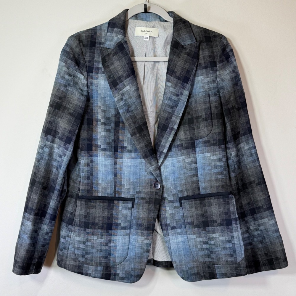 Excellent Paul Smith Pixel Plaid Wool Blazer Womens 42 M Blue Grey PNXP Designer